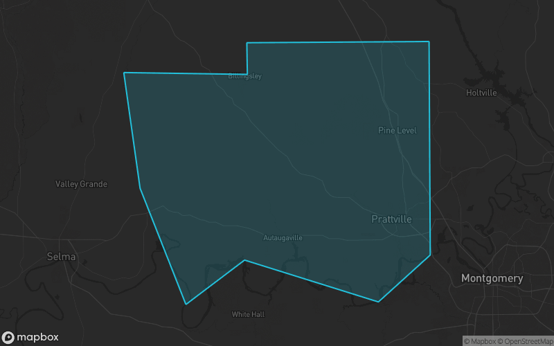 Map of Autauga County, Alabama showing the county boundary and surrounding cities