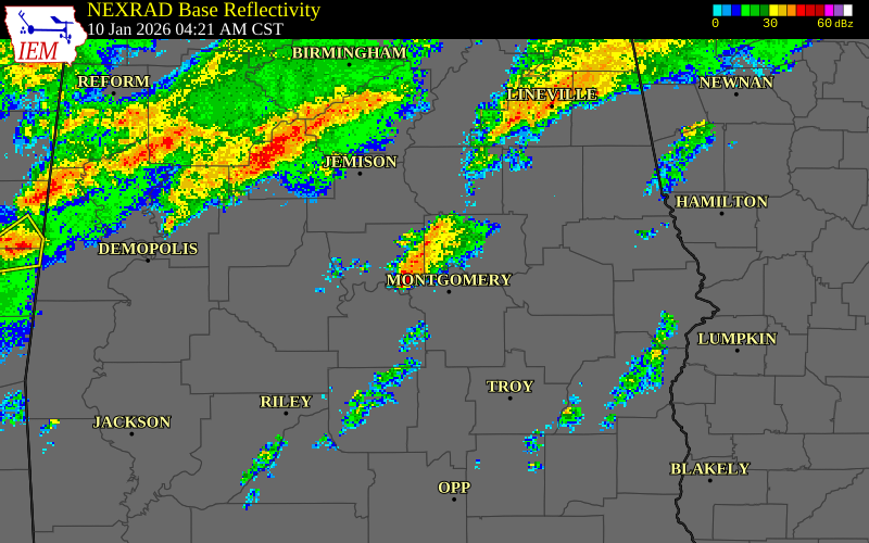 NEXRAD radar during the Saturday, January 10, 2026 storm activity in Autauga County, Alabama