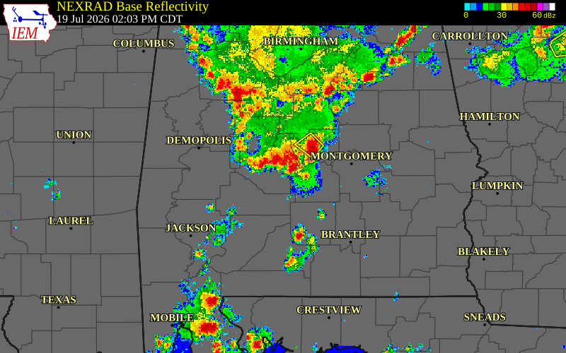 Radar snapshot during the Jul 19, 2026 wind event near Autauga County, Autauga County, Alabama, with NWS warning polygons