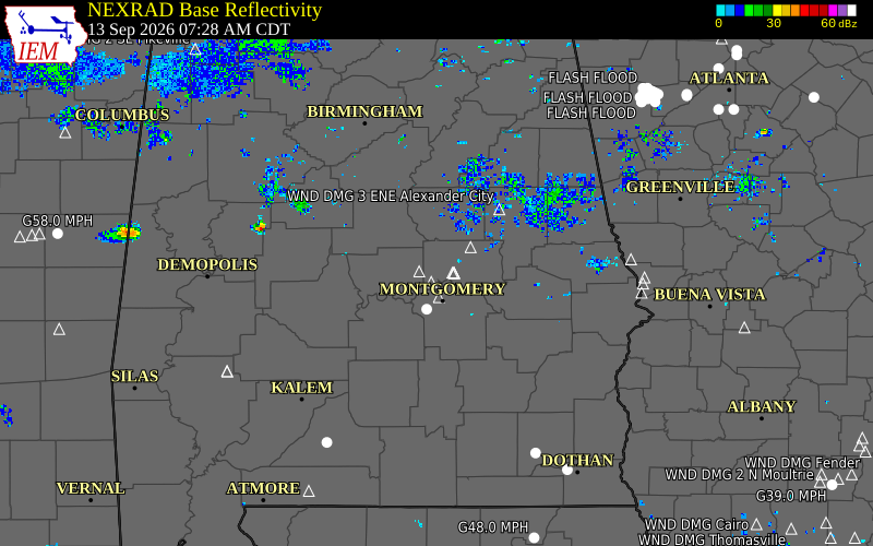 Current NEXRAD radar over Autauga County, Alabama with recent storm report locations