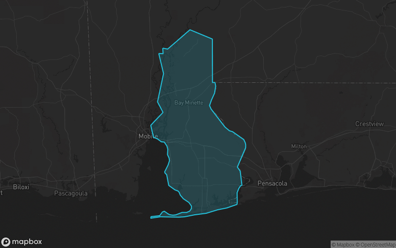 Map of Baldwin County, Alabama showing the county boundary and surrounding cities