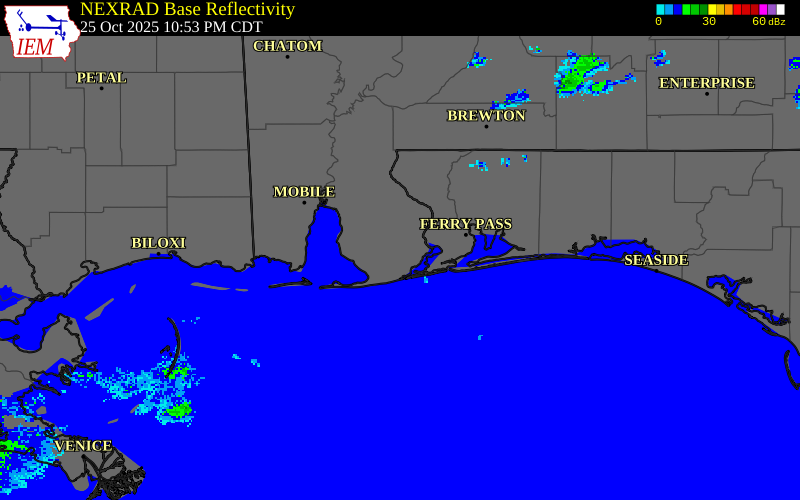 NEXRAD radar during the Saturday, October 25, 2025 storm activity in Baldwin County, Alabama
