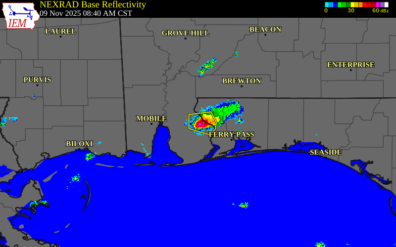 NEXRAD radar during the Sunday, November 9, 2025 storm activity in Baldwin County, Alabama