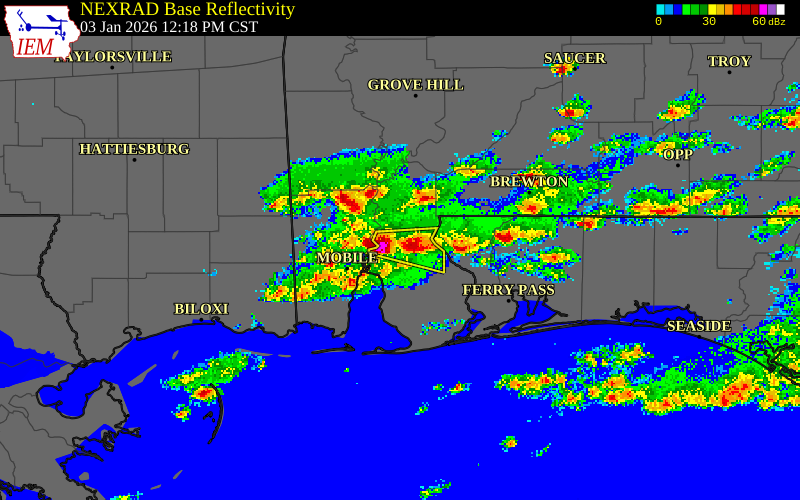NEXRAD radar during the Saturday, January 3, 2026 storm activity in Baldwin County, Alabama
