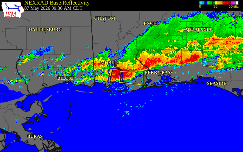 NEXRAD radar during the Thursday, May 7, 2026 storm activity in Baldwin County, Alabama