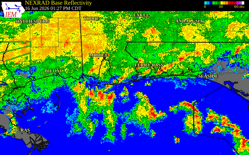 NEXRAD radar during the Tuesday, June 16, 2026 storm activity in Baldwin County, Alabama