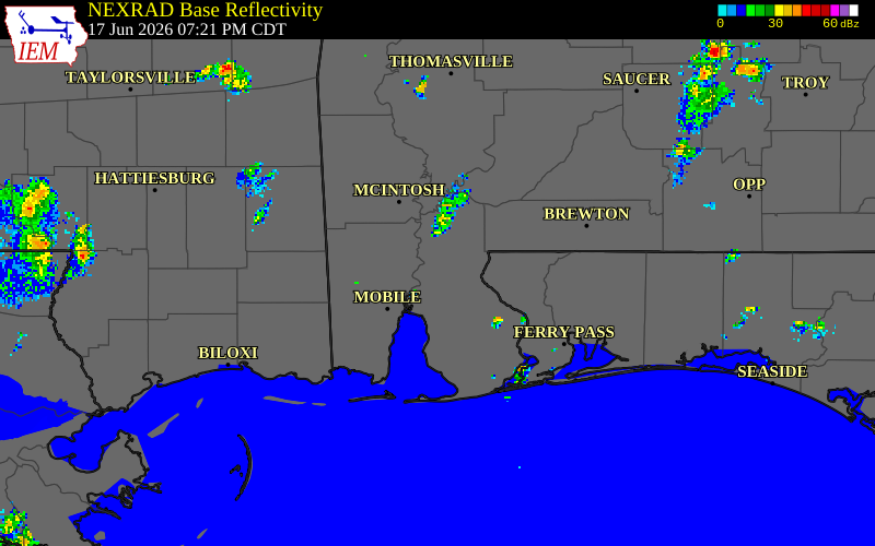 NEXRAD radar during the Wednesday, June 17, 2026 storm activity in Baldwin County, Alabama