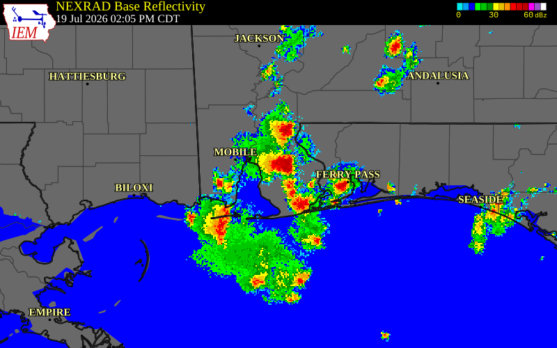 NEXRAD radar during the Sunday, July 19, 2026 storm activity in Baldwin County, Alabama