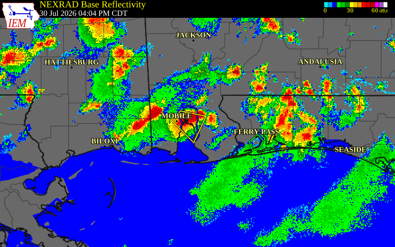 NEXRAD radar during the Thursday, July 30, 2026 storm activity in Baldwin County, Alabama