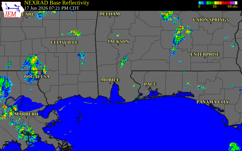 Radar snapshot during the Jun 17, 2026 tornado event near 2 N Carpenter, Baldwin County, Alabama, with NWS warning polygons