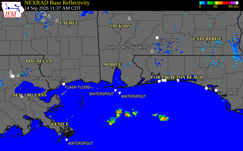 Current NEXRAD radar over Baldwin County, Alabama with recent storm report locations
