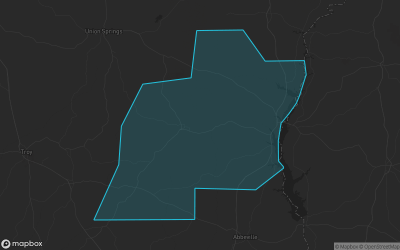 Map of Barbour County, Alabama showing the county boundary and surrounding cities