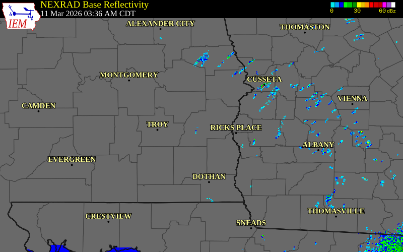 NEXRAD radar during the Wednesday, March 11, 2026 storm activity in Barbour County, Alabama