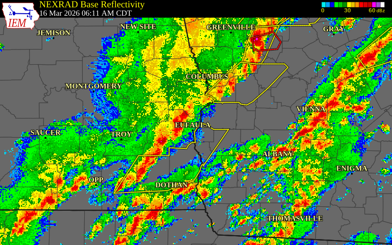 NEXRAD radar during the Monday, March 16, 2026 storm activity in Barbour County, Alabama
