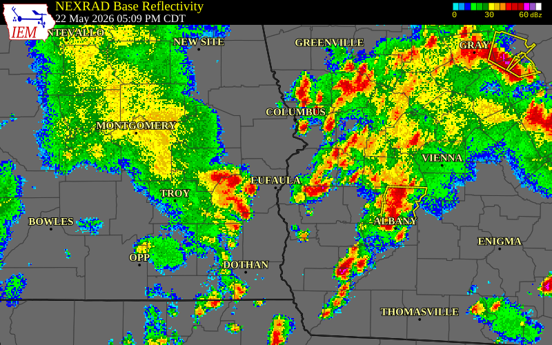 NEXRAD radar during the Friday, May 22, 2026 storm activity in Barbour County, Alabama