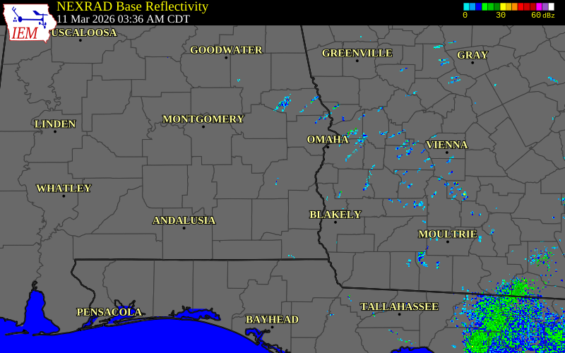 Radar snapshot during the Mar 11, 2026 tornado event near 3 SW Clayton, Barbour County, Alabama, with NWS warning polygons