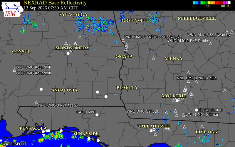 Current NEXRAD radar over Barbour County, Alabama with recent storm report locations