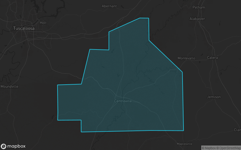 Map of Bibb County, Alabama showing the county boundary and surrounding cities