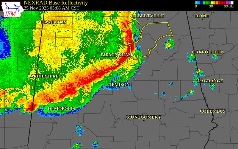 NEXRAD radar during the Tuesday, November 25, 2025 storm activity in Bibb County, Alabama