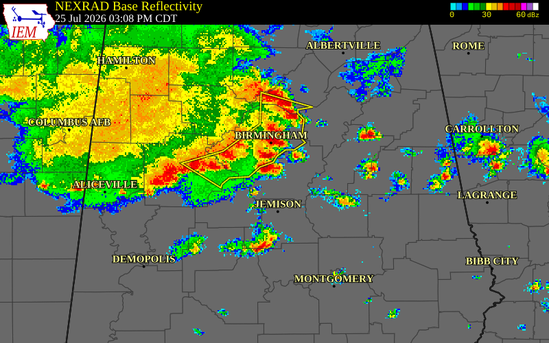 NEXRAD radar during the Saturday, July 25, 2026 storm activity in Bibb County, Alabama