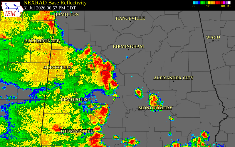 NEXRAD radar during the Friday, July 31, 2026 storm activity in Bibb County, Alabama