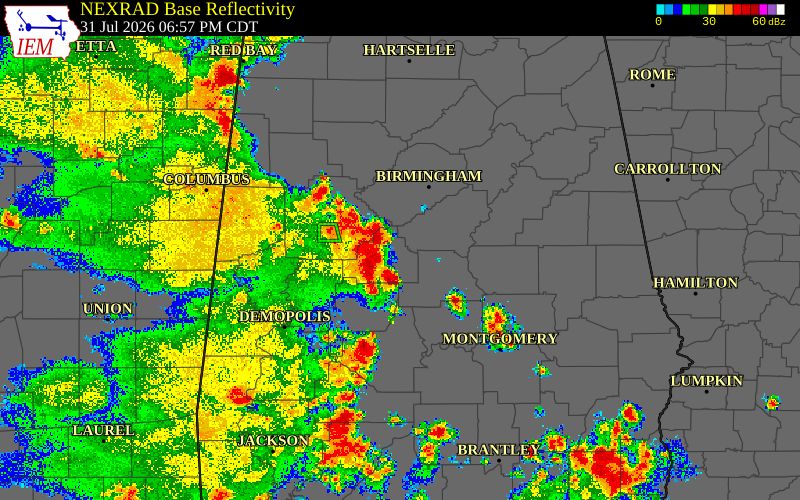 Radar snapshot during the Jul 31, 2026 wind event near Bibb County, Bibb County, Alabama, with NWS warning polygons