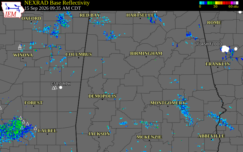 Current NEXRAD radar over Bibb County, Alabama with recent storm report locations
