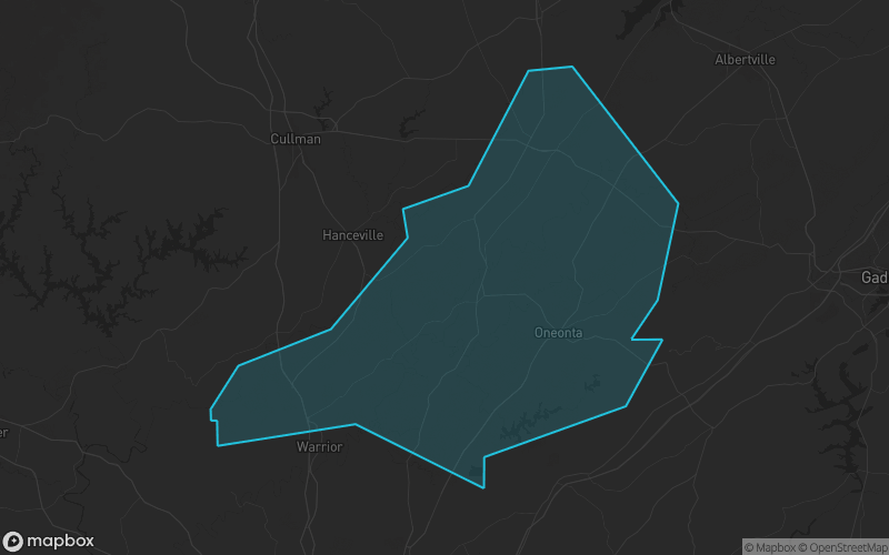 Map of Blount County, Alabama showing the county boundary and surrounding cities