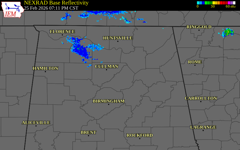 NEXRAD radar during the Wednesday, February 25, 2026 storm activity in Blount County, Alabama