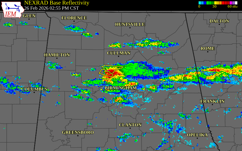 NEXRAD radar during the Thursday, February 26, 2026 storm activity in Blount County, Alabama