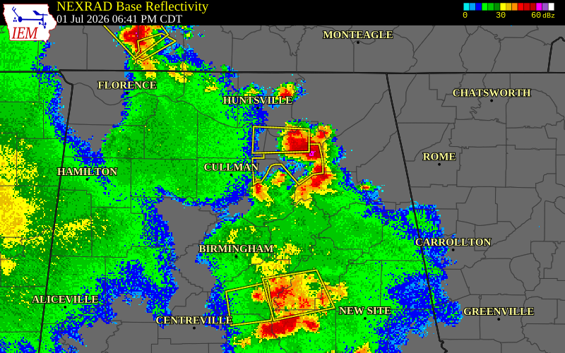 NEXRAD radar during the Wednesday, July 1, 2026 storm activity in Blount County, Alabama
