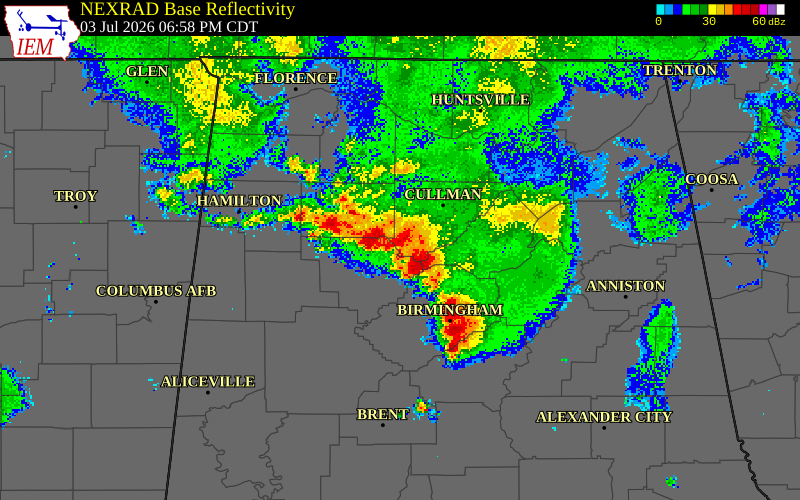 NEXRAD radar during the Friday, July 3, 2026 storm activity in Blount County, Alabama