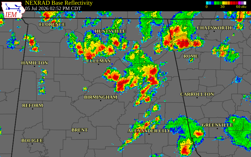 NEXRAD radar during the Sunday, July 5, 2026 storm activity in Blount County, Alabama