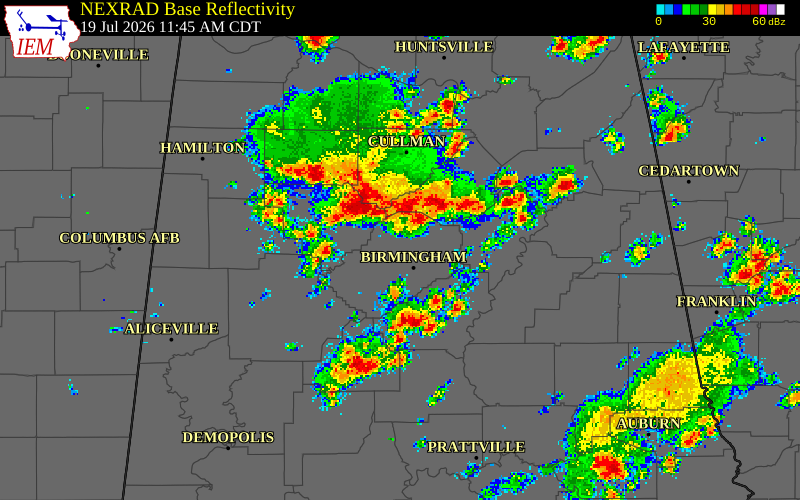 NEXRAD radar during the Sunday, July 19, 2026 storm activity in Blount County, Alabama