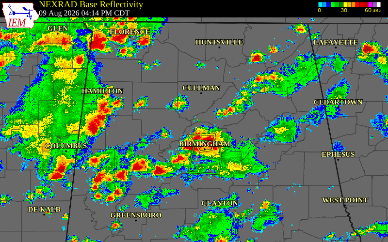 NEXRAD radar during the Sunday, August 9, 2026 storm activity in Blount County, Alabama
