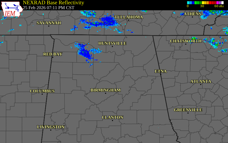 Radar snapshot during the Feb 25, 2026 hail event near Blountsville, Blount County, Alabama, with NWS warning polygons