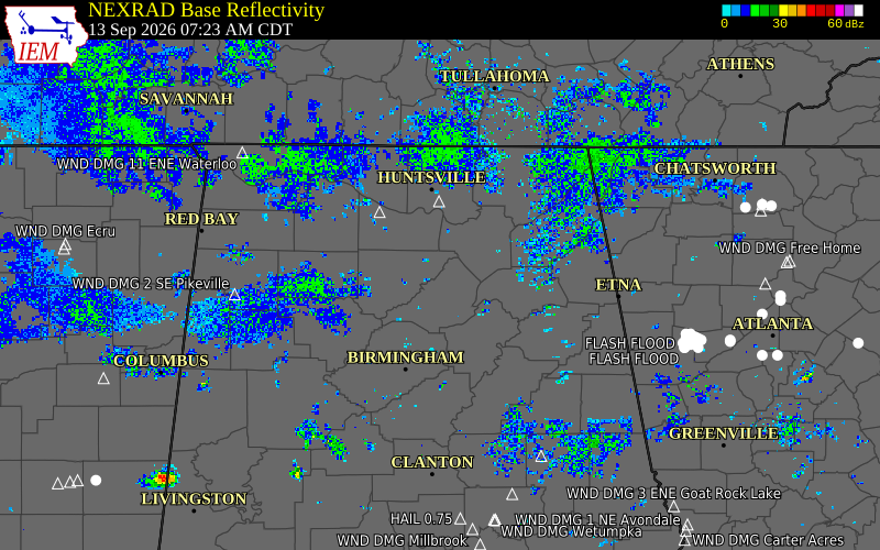 Current NEXRAD radar over Blount County, Alabama with recent storm report locations