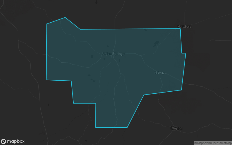 Map of Bullock County, Alabama showing the county boundary and surrounding cities