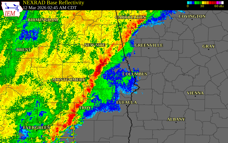 NEXRAD radar during the Thursday, March 12, 2026 storm activity in Bullock County, Alabama