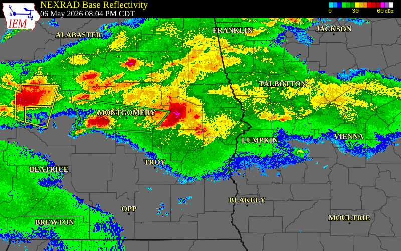 NEXRAD radar during the Wednesday, May 6, 2026 storm activity in Bullock County, Alabama