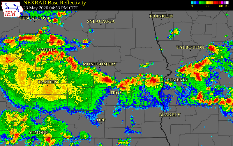 NEXRAD radar during the Saturday, May 23, 2026 storm activity in Bullock County, Alabama