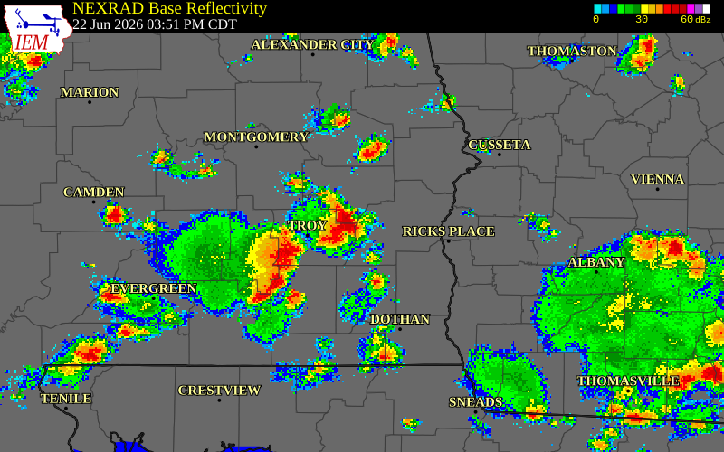NEXRAD radar during the Monday, June 22, 2026 storm activity in Bullock County, Alabama