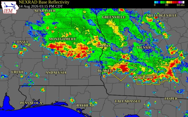 Radar snapshot during the Jul 17, 2026 wind event near Bullock County, Bullock County, Alabama, with NWS warning polygons