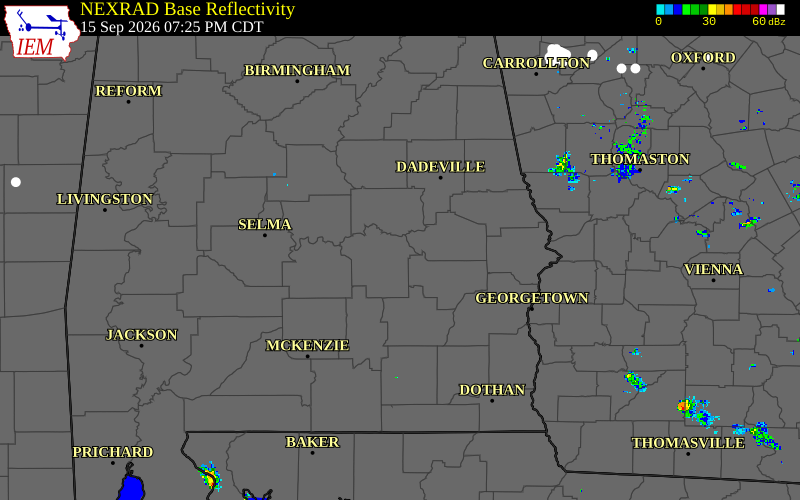 Current NEXRAD radar over Bullock County, Alabama with recent storm report locations