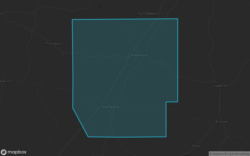 Map of Butler County, Alabama showing the county boundary and surrounding cities