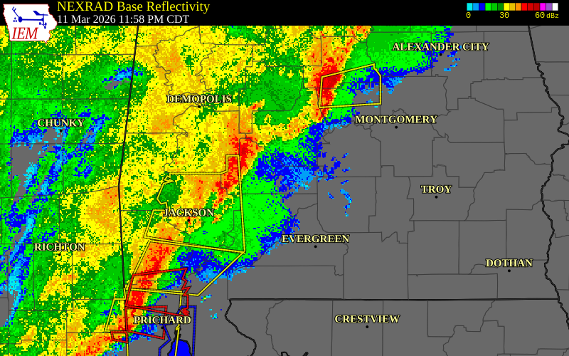 NEXRAD radar during the Wednesday, March 11, 2026 storm activity in Butler County, Alabama