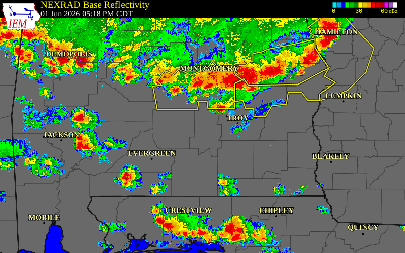 NEXRAD radar during the Monday, June 1, 2026 storm activity in Butler County, Alabama