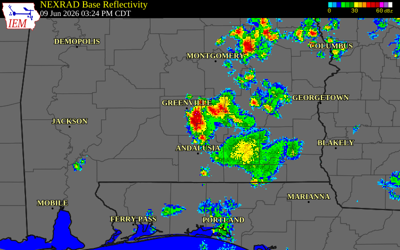 NEXRAD radar during the Tuesday, June 9, 2026 storm activity in Butler County, Alabama