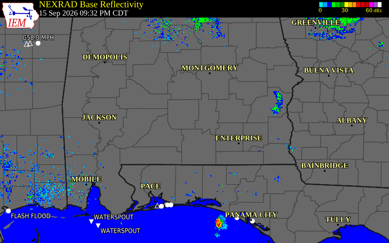 Current NEXRAD radar over Butler County, Alabama with recent storm report locations