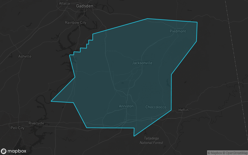 Map of Calhoun County, Alabama showing the county boundary and surrounding cities